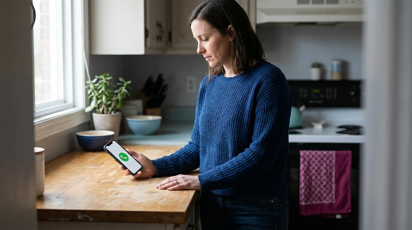 Woman standing at her kitchen counter looking at a smartphone that shows a large green call button