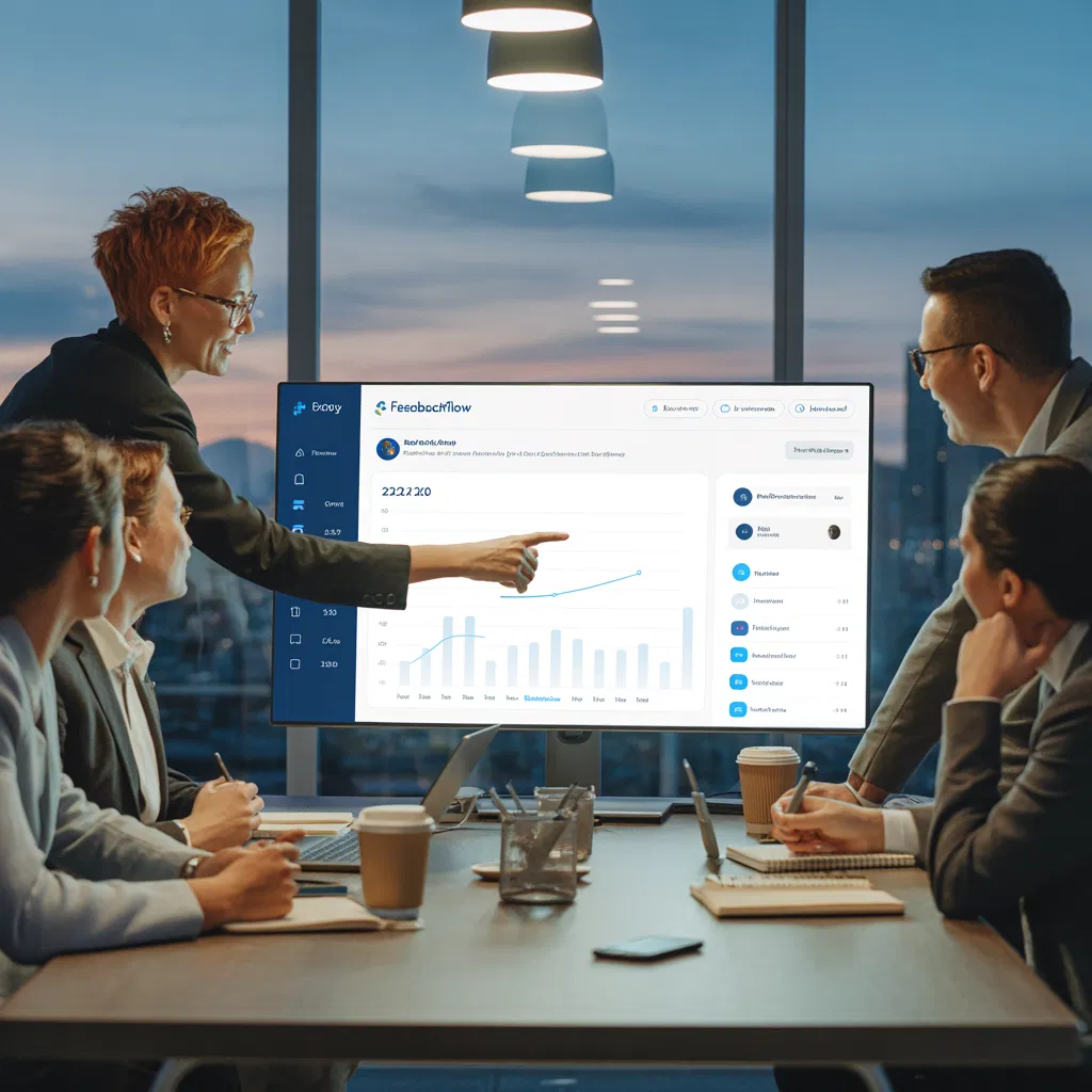Business team reviewing growth metrics and reputation management on a digital dashboard