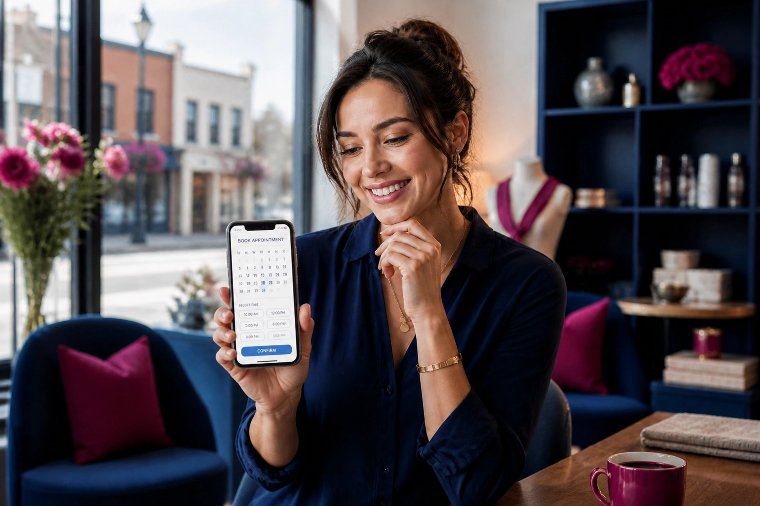 Small business owner in the Windsor-Essex region receiving an automated appointment booking from a chatbot on an upright phone.