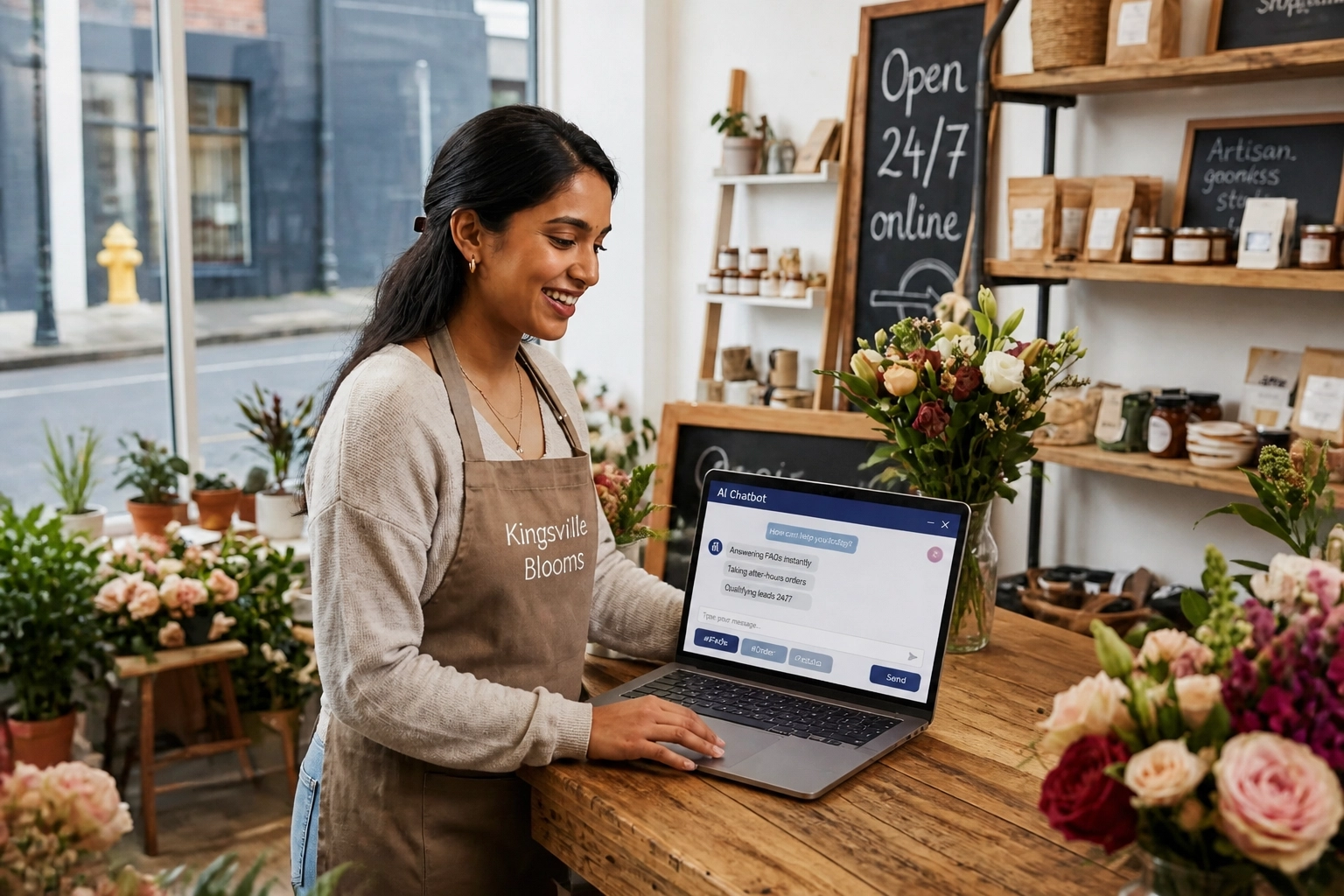 AI customer service for small business interface helping a shop owner in Kingsville, Ontario.