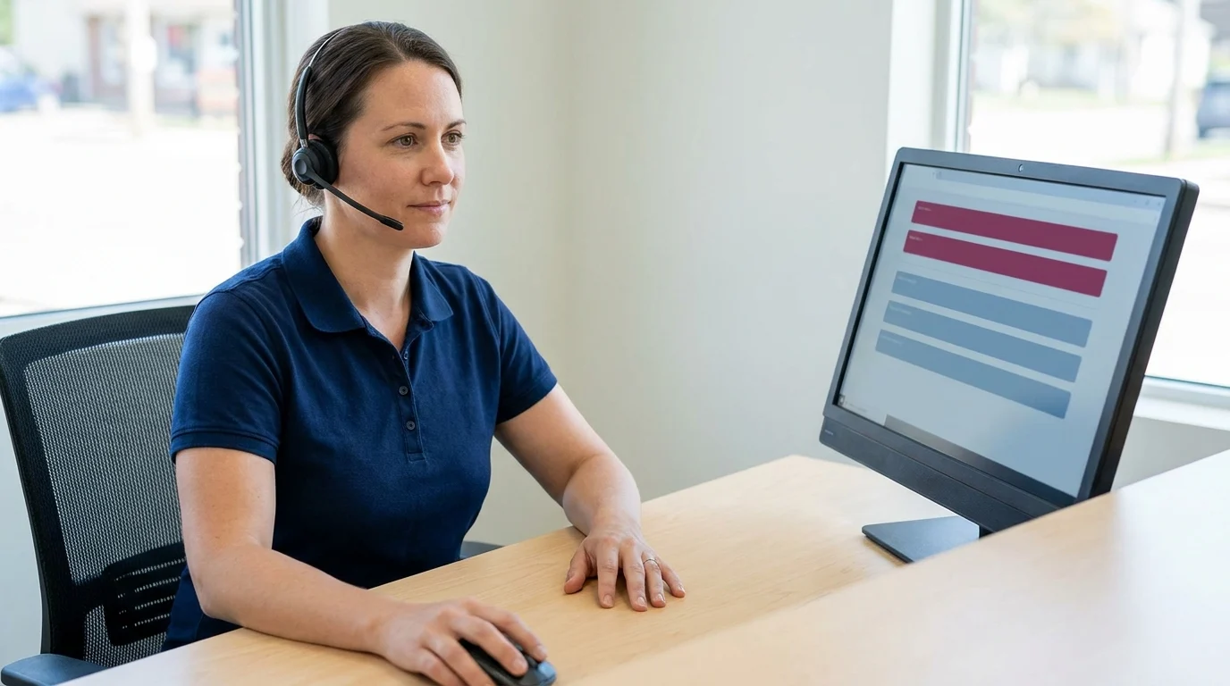 Front-desk coordinator wearing a headset at a clean desk, looking at an inbox on her monitor while taking a call