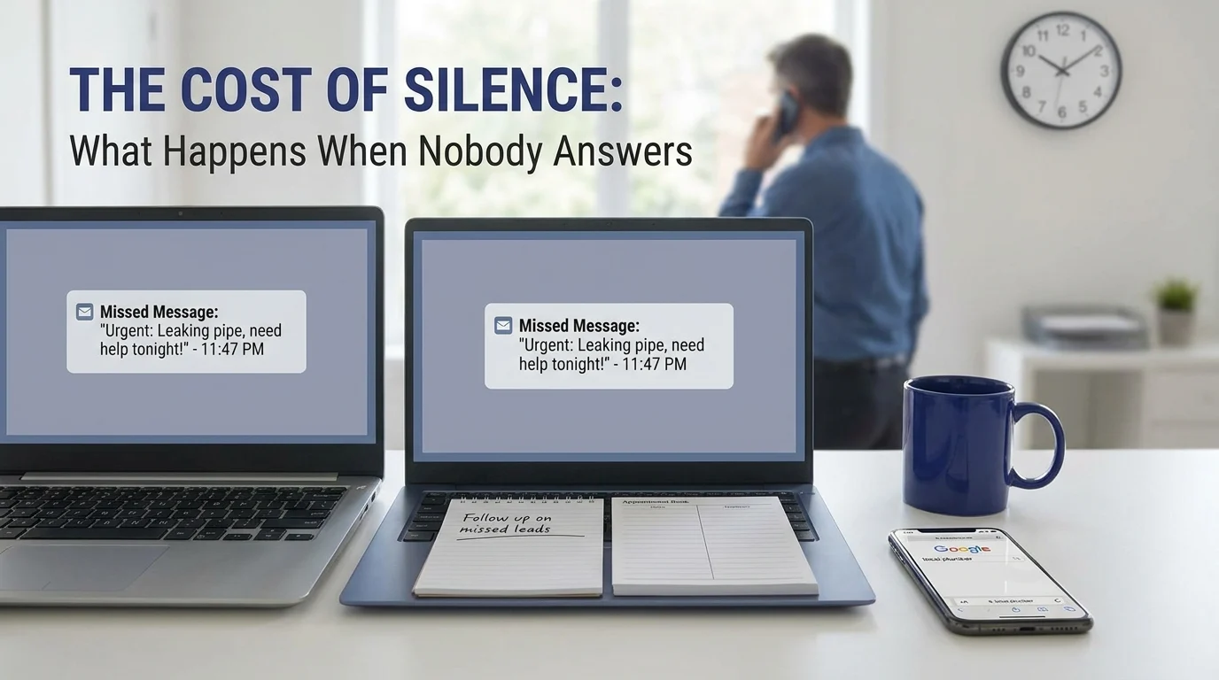 The Cost of Silence: What Happens When Nobody Answers, laptops showing a missed urgent message about a leaking pipe at 11:47 PM, with a note to follow up on missed leads