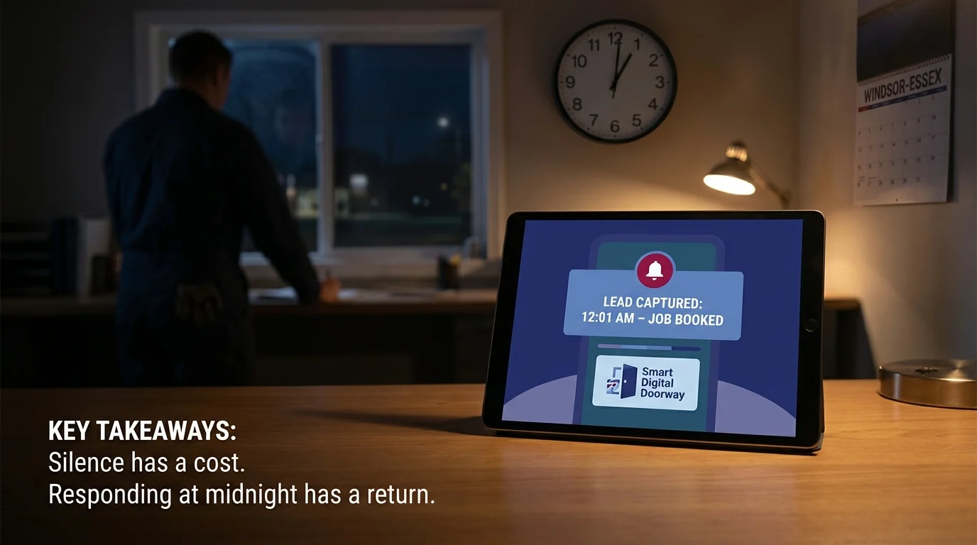 Tablet on a desk at midnight showing a Smart Digital Doorway notification: Lead Captured: 12:01 AM – Job Booked