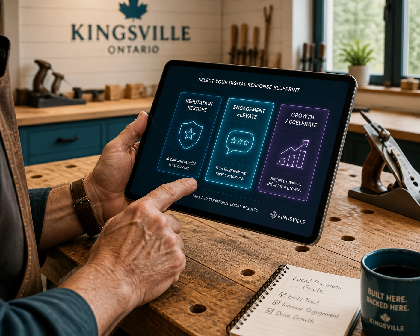 Expert craftsman in Kingsville, Ontario selecting a digital response blueprint for business review management.