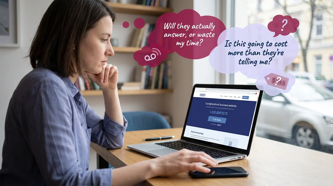 Woman hesitating before calling a business, with thought bubbles: "Will they actually answer, or waste my time?" and "Is this going to cost more than they're telling me?