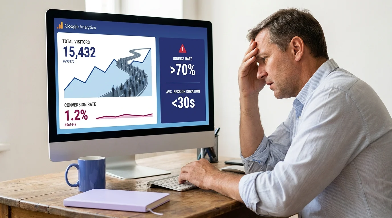 Frustrated man at desk viewing Google Analytics showing 15,432 visitors but only 1.2% conversion rate, bounce rate over 70%, and session duration under 30 seconds