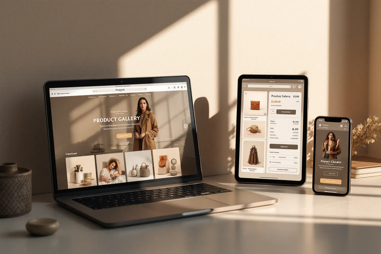 Modern online shop interface displayed perfectly on a laptop, tablet, and smartphone