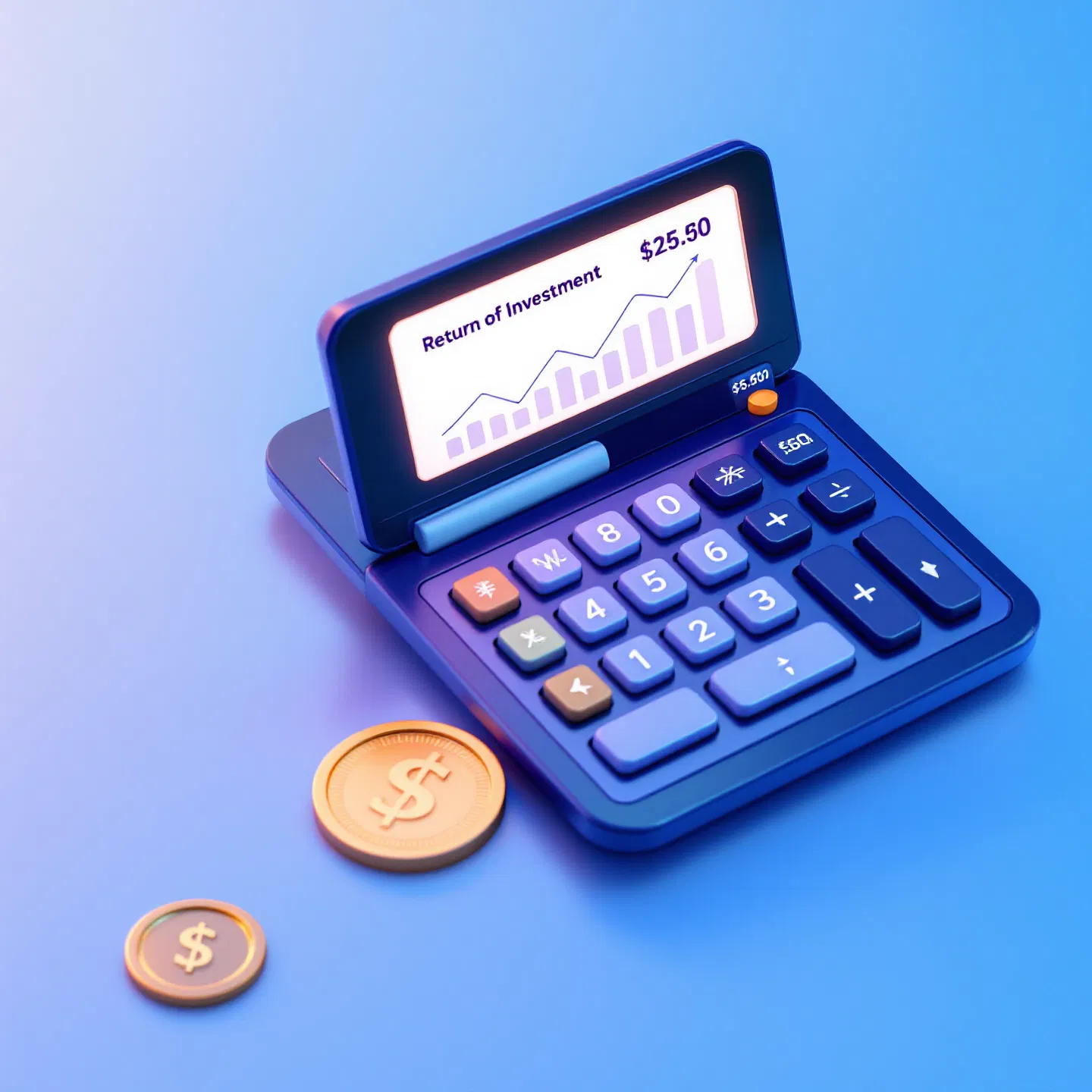 A digital calculator displays a rising return-on-investment graph with gold coins