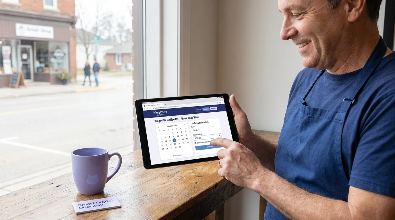 Small business owner smiling while viewing an online booking page for Kingsville Coffee Co. on a tablet inside his shop