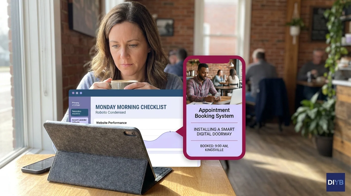 Woman reviewing a Monday Morning Checklist on a tablet, with an Appointment Booking System card showing a confirmed booking