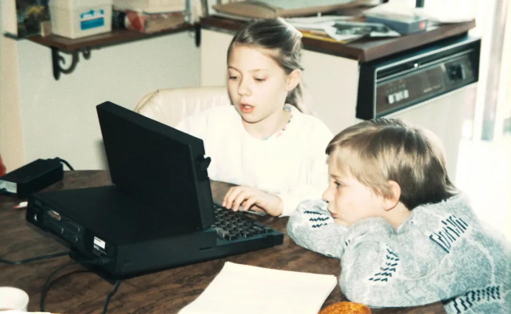 Paul's kids using his computer, 1989, Calgary, Alberta